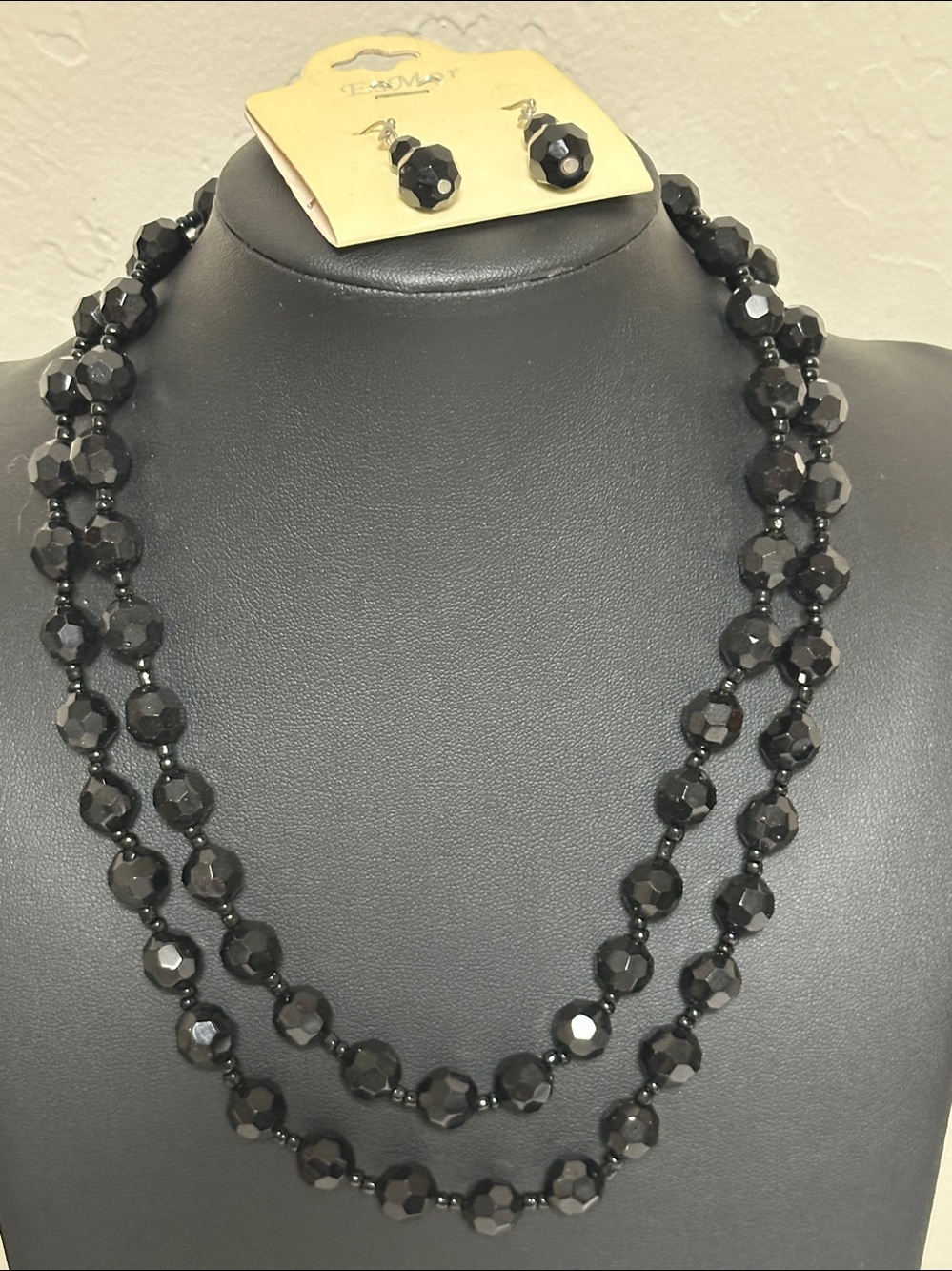 Es Mor Black Faceted Glass Beaded Double Strand Necklace & Earring Set